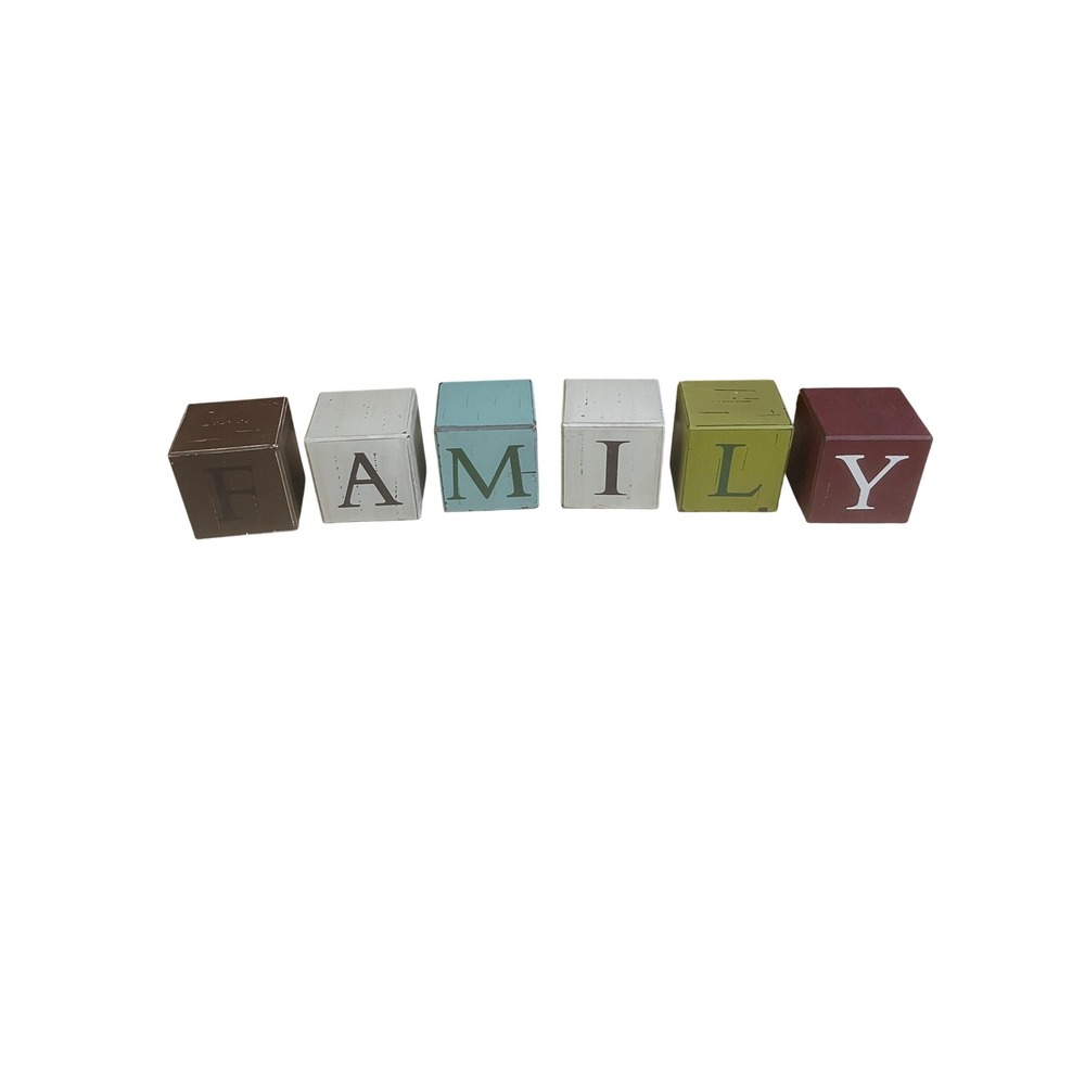 Rustic Wooden FAMILY Blocks Set Distressed Farmhouse Home Decor Multi Color 3in
